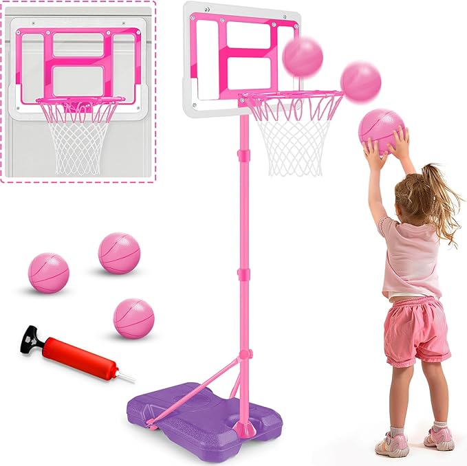 Kids Basketball Hoop with Stand, Adjustable Basketball Set, Toddler Basketball Toys for Boys Age 3 4 5 6 7 8, Indoor Outdoor Backyard Sport Game Gifts Pink