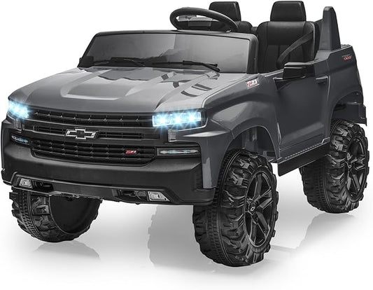 Hetoy 24V 2-Seater Truck Licensed Chevrolet Silverado Ride On Car Toy w/Parent Remote Control,4xSpring Suspension, 3 Speeds, Wireless Music, MP3 Player, Electric Vehicle Car for Kids,Grey