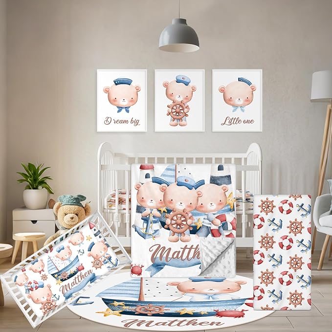 Custom Baby Bedding Set, 5 Pcs Customized Nursery Bedding Set with Name, Comfortable Double Layer Crib Sets for Boys Girls, Personalized Gifts for Infants Toddlers New Parents, Sailing Bear