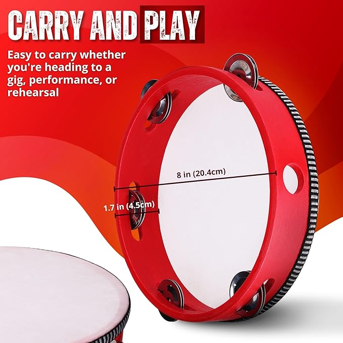 Flexzion Wooden Round Tambourine for Kids and Adults 8" Inch Single Row 8 Pair Jingles, Red Handheld Percussion Instrument for Beginner and Professional Tambourine Player