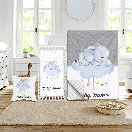 Custom Crib Bedding Set - Elephant Design Personalized Name Baby Nursery Bed 3 Pcs Set - Chic Soft Blanket with Dotted Backing, Sheet, Pillowcase for Newborn Girls Boys Gifts Color17