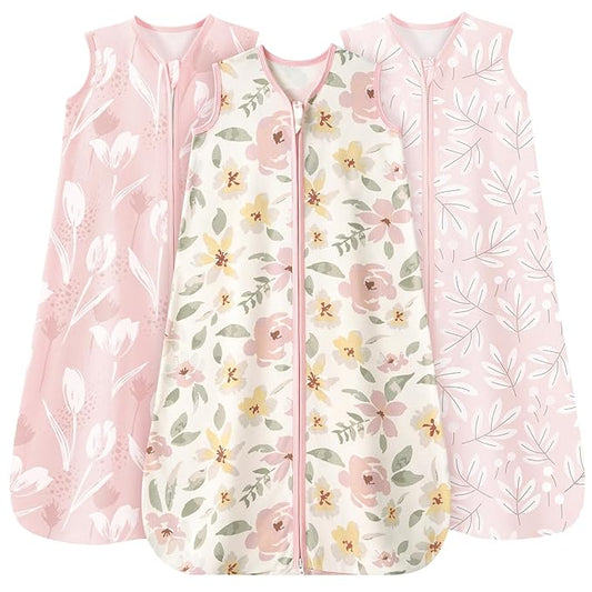 Baby Sleep Sack 12-18 Months 3 Pack 100% Cotton Lightweight 0.5 TOG Wearable Blanket Baby Sleep Bag with 2-Way Zipper for Newborn Infant Pink Flowers & Leaf