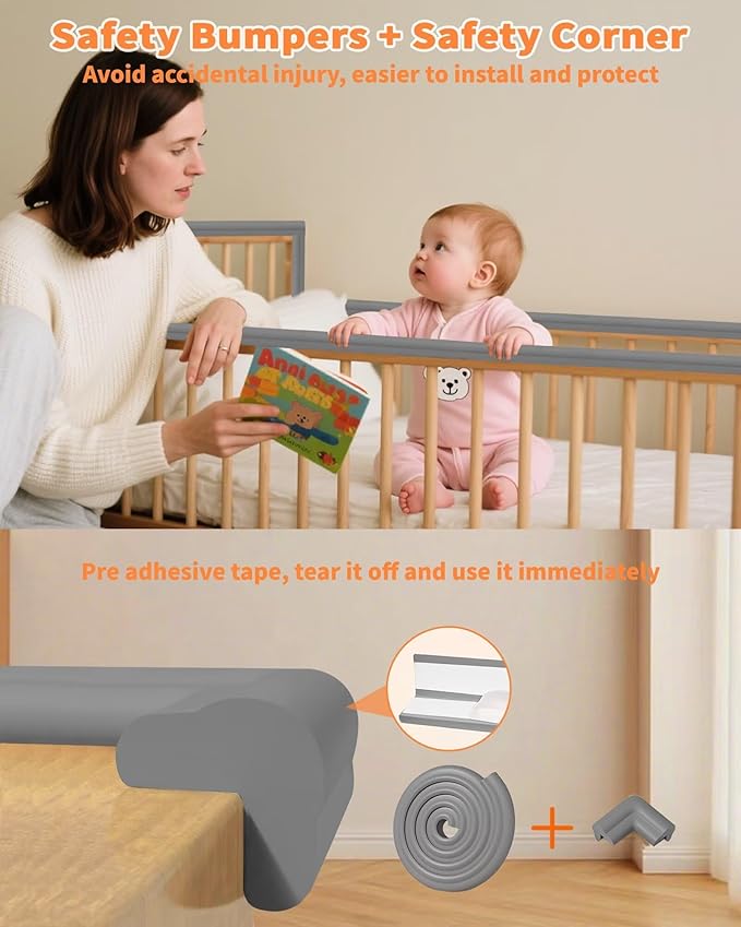 Edge Corner Protector Baby Proofing, 6.56FT 0.6'' Thicken L-Shape Furniture Fireplace Safety Bumper Guard with 6 Corners, Pre-Taped, Soft NBR Rubber Foam, Table Edge Protector for Baby (Grey)