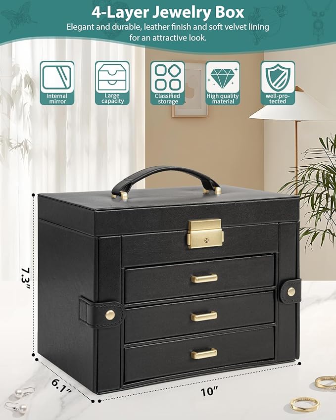 AKOZLIN Large 4-Tier Jewelry Box Leather Jewelry Storage Organizer with 3 Drawers Lockable for Women Girls Ring Necklace Earring Bracelet Watches Holder with Mirror Black