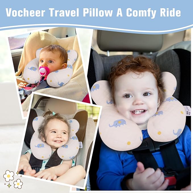 vocheer Baby Neck Pillow(Upgraded),Cotton, Baby Support Pillow, Car Seat Pillows for Newborn, Carseat Head and Body Support, Infant Travel Pillows for Prams, Pushchair, Stroller, Bouncer, Elephant