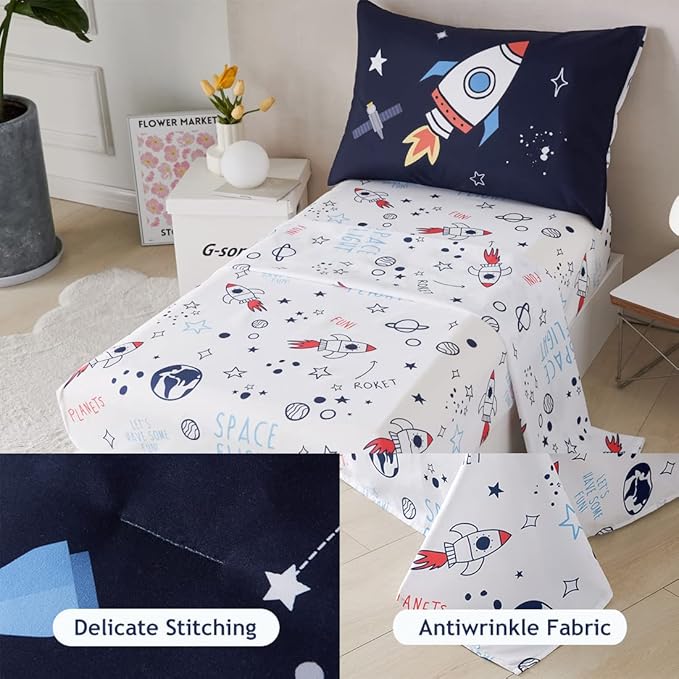 PERFEMET Twin Comforter Set 4 Piece Kids Space Rockets Comforter Bed in A Bag Soft Reversible Dark Blue Outer Space Themed Bed Set(Dark Blue, Planet/Rocket)