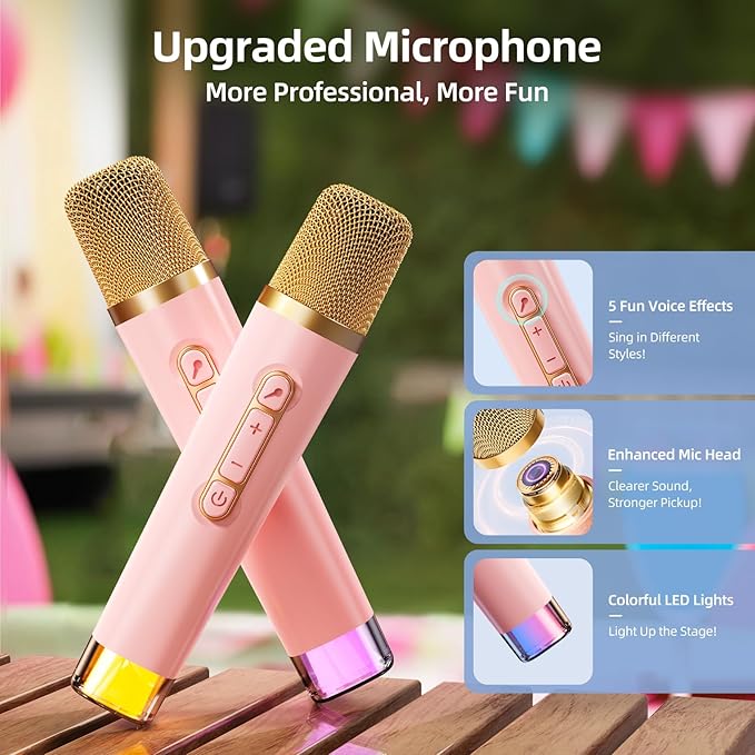 Kinglucky Karaoke Machine for Kids Girls Ages 3-12 with 2 Light-Up Microphones, Bigger Size Yet Portable Bluetooth Speaker with Voice Effects for Birthday, Family Fun & Party (Pink)