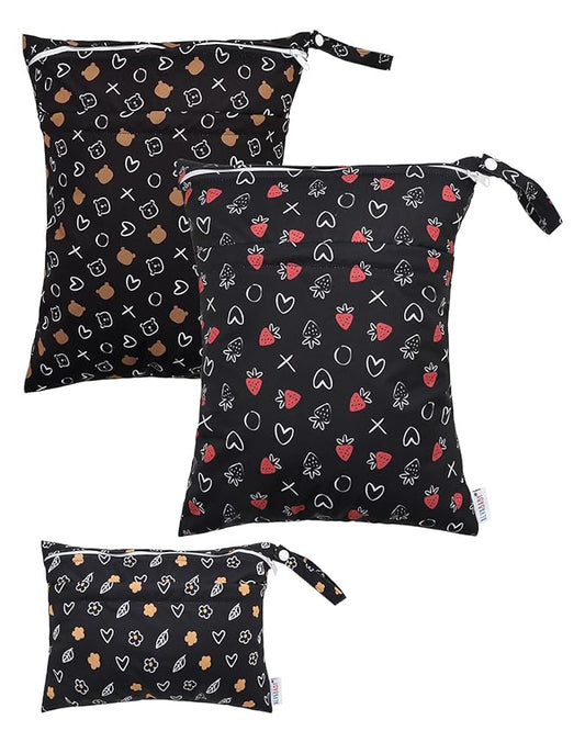 ALVABABY 3 Cloth Diaper Wet Dry Bags Waterproof Reusable with Two Zippered Pockets Travel Beach Pool Daycare Soiled Baby Items Yoga Gym Bag for Swimsuits or Wet Clothes Small Medium Large 3L-SML10