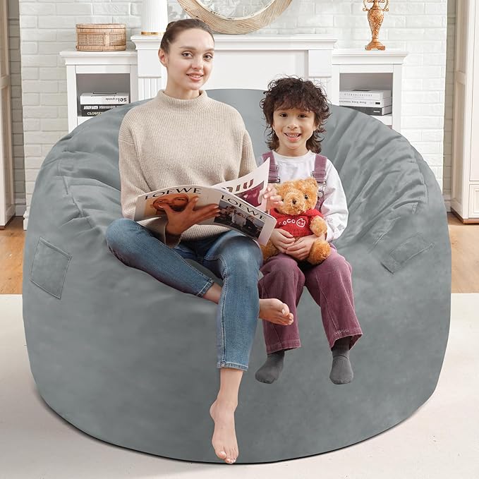 3FT Bean Bag Chair, Comfy Bean Bag Chairs with Memory Foam Filled, Fluffy Beanbag Sofa with Dutch Velvet Cover, Round BeanBag Chairs for Living Room, Playroom - Light Grey