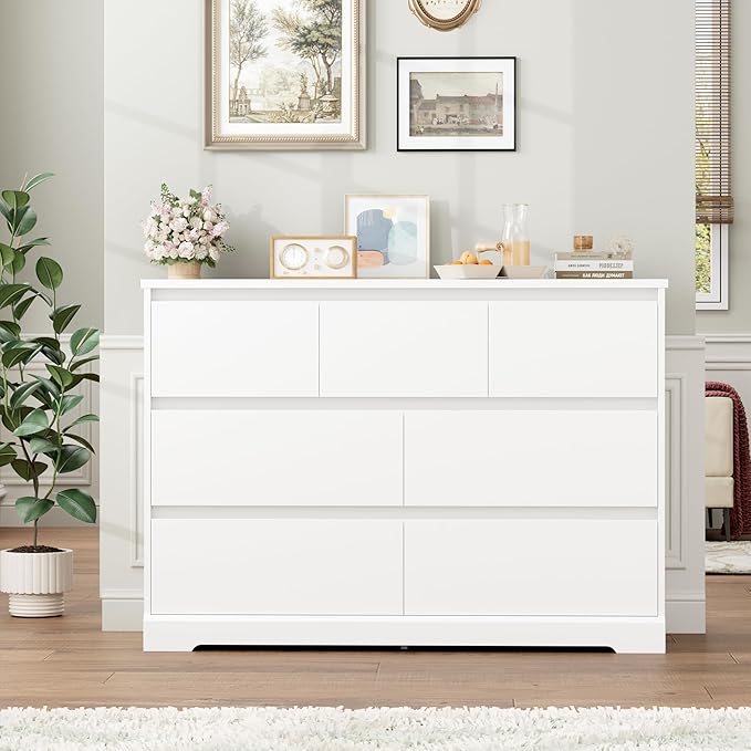 Dresser for Bedroom, Modern White Dresser, Wood Chest of Drawers Nursery Dressers, with Storage, 7 Drawer Double with Handle Free, Large Storage Organizer for Living Room,White
