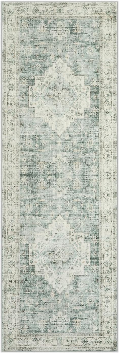 LIVEBOX Washable 2x6 Runner Rug for Bathroom, Non Slip Kitchen Mats for Floor Entryway, Boho Indoor Front Door Mat Low-Pile Runners for Hallways, Farmhouse Rugs for Laundry, Sage Green