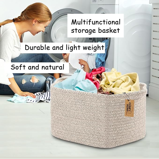 COMFY-HOMI 3PACK Cotton Rope Woven Basket With Handles for Shelves, Toy, Book, Cloth Storage Basket for Organizing|13.5" x 11" x 9.5" Decorative Nursery Cube Bin for Living Room（all brown）