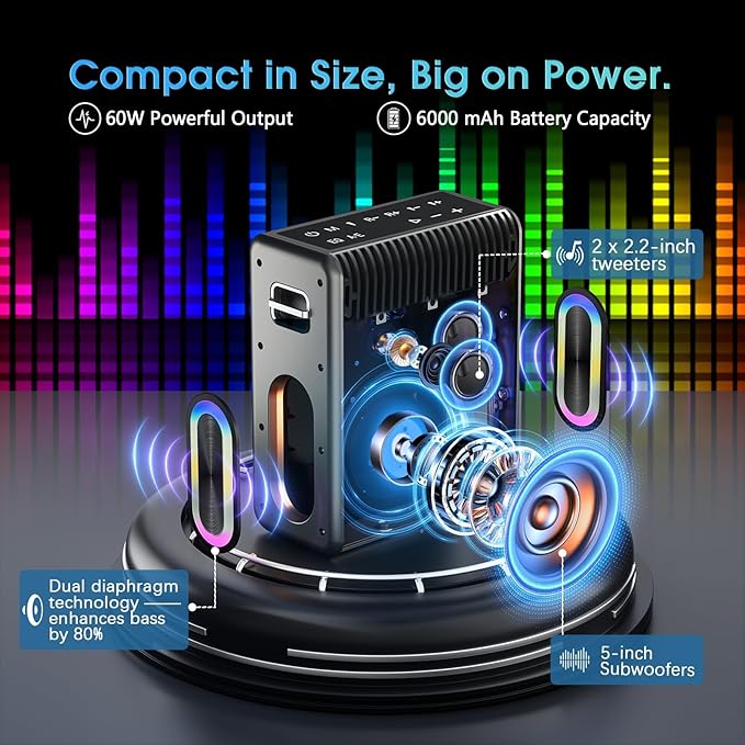 Karaoke Machine with Two Wireless Microphones, Powerful Portable Bluetooth Speaker for Adults & Kids, PA System with 2 Voice Mode, LED Lights, Supports BT/TWS/AUX/USB/TF for Party (Black+Sliver)