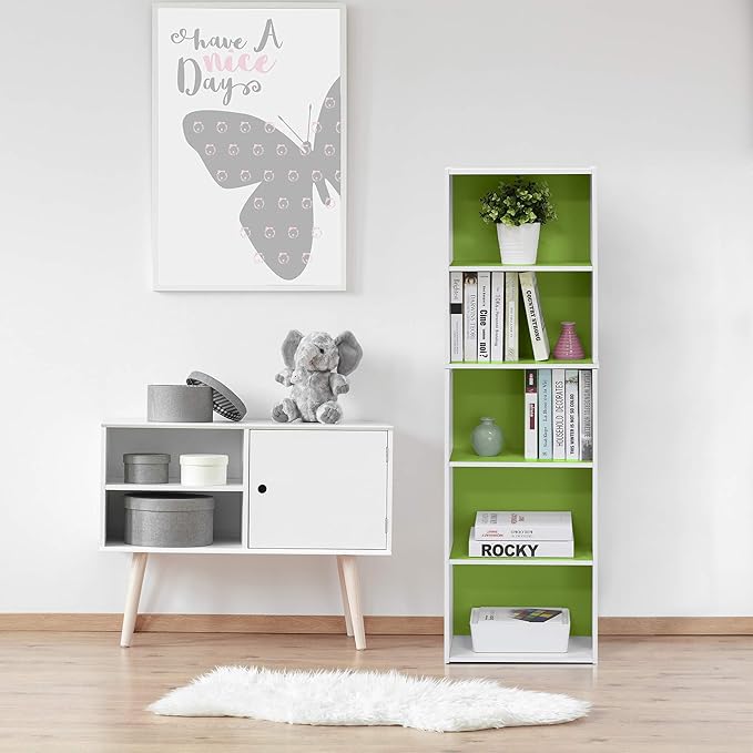 Furinno Luder Bookcase / Book / Storage , 5-Tier, White/Green