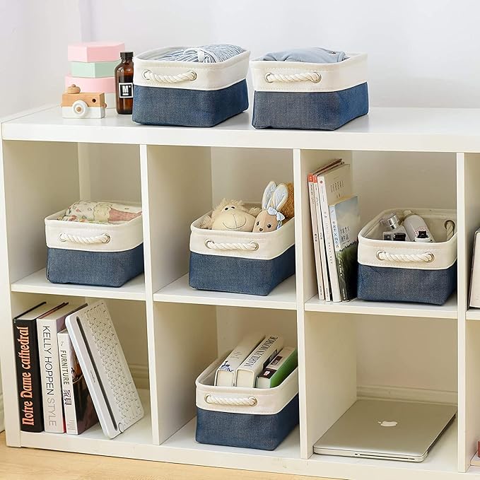 TcaFmac Organization and Storage Cubes - 12x8x5.2 inch Small 6 Pack Collapsible Storage Bins for Sheves, Fabric Storage Basket for Gifts Empty for Closet Cloth Toy Kids Books(White & Jean Blue)