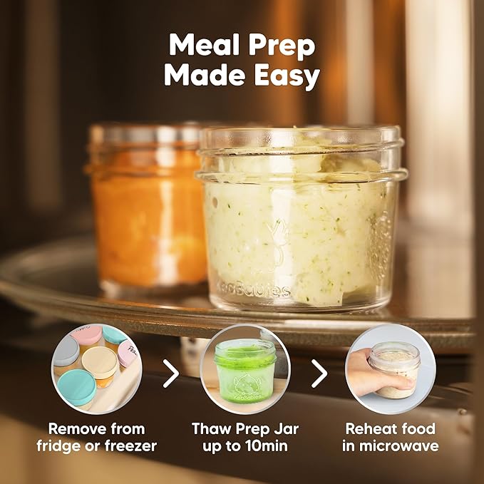 KeaBabies 6pk 4oz Glass Baby Food Containers with Lids - Leak-Proof, Microwavable Small Glass Jars, Baby Purees & Toddler Snack Storage Containers, BPA-Free, Dishwasher & Freezer Safe (Sunset)
