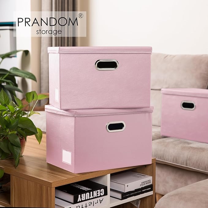 PRANDOM Foldable Storage Bins with Lids [5-Pack] Leather Fabric Collapsible Storage Boxes Organizer Containers Baskets Cube with Cover for Bedroom Closet Office Nursery Pink (14.9x10.8x10)