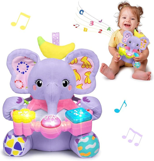 Baby Elephant Musical Stuffed Animals Toy with Light-Up Music & Crinkle Sound Paper,Infant Bilingual Early Learning Education Toys,Tummy Time Toys for 0-3-6-12+ Months Boy Girl, Purple