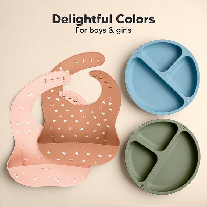 KeaBabies 2-Pack Silicone Baby Bibs for Eating - Sturdy Food-Grade Silicone Bibs for Babies Girl, Boy, Large Food Catcher, Clean & Put On Easily, Waterproof Toddler Feeding Essentials (Butterflies)