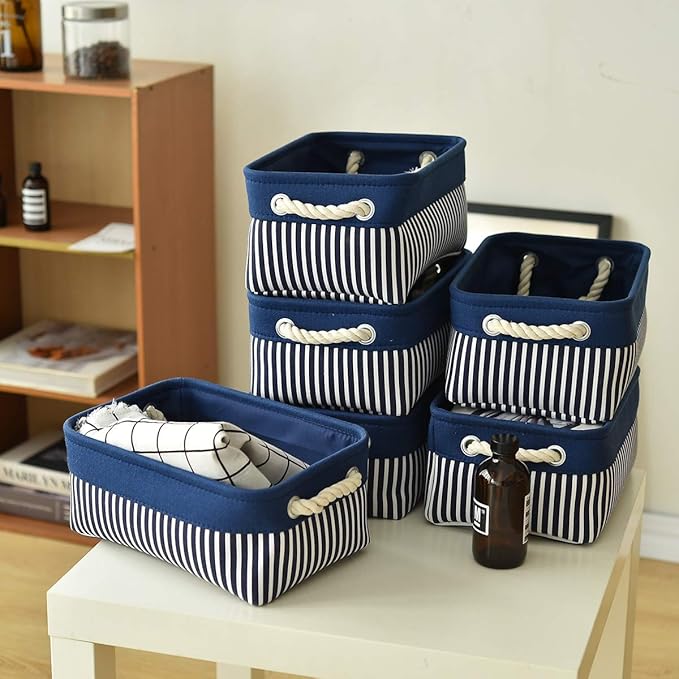 TcaFmac Small Storage Baskets [6 Pack] - Navy Blue Rectangular Storage Bins with Blue Stripes