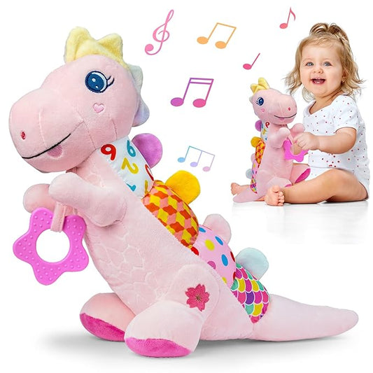 Baby Dino Plush Soft Stuffed Animal Toy for 0-3-6-12+ Months,Infant Musical Toy with Rattle,Squeaker,Sensory Crinkle,Teether & Textures,Tummy Time Toys Christmas Baby Gift for Newborn Girl(Pink)
