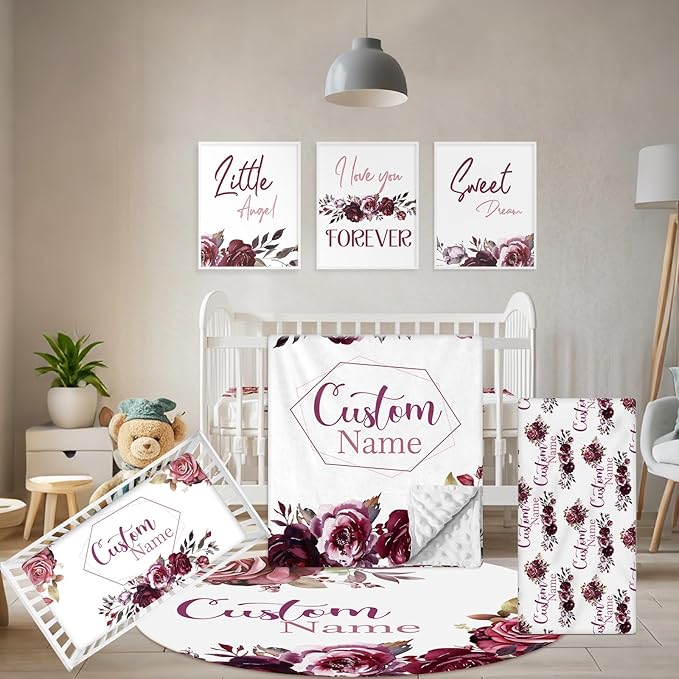 Personalized Crib Bedding Set, 5 Pcs Custom Nursery Bedding Sets with Name, Infant Bedding Set for Baby Girls, Purple Flower Double Layer Baby Crib Set, Babies Toddlers Kids Customized Gifts