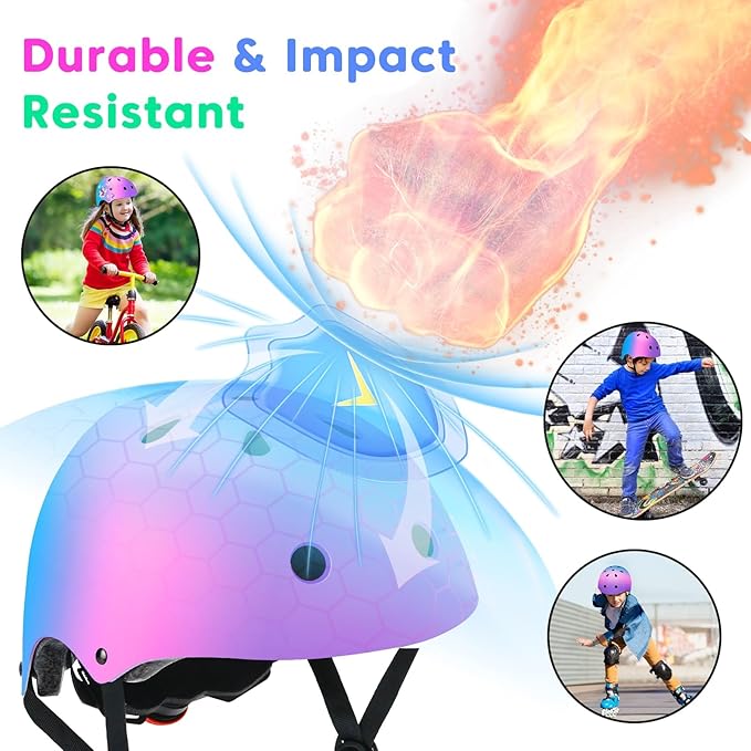 Color Gradient Adjustable Kids Bike Helmet Toddler Skateboard Helmets Boys Girls Child Ventilation Helmet for Multi-Sports Skating Cycling Scooter Balance