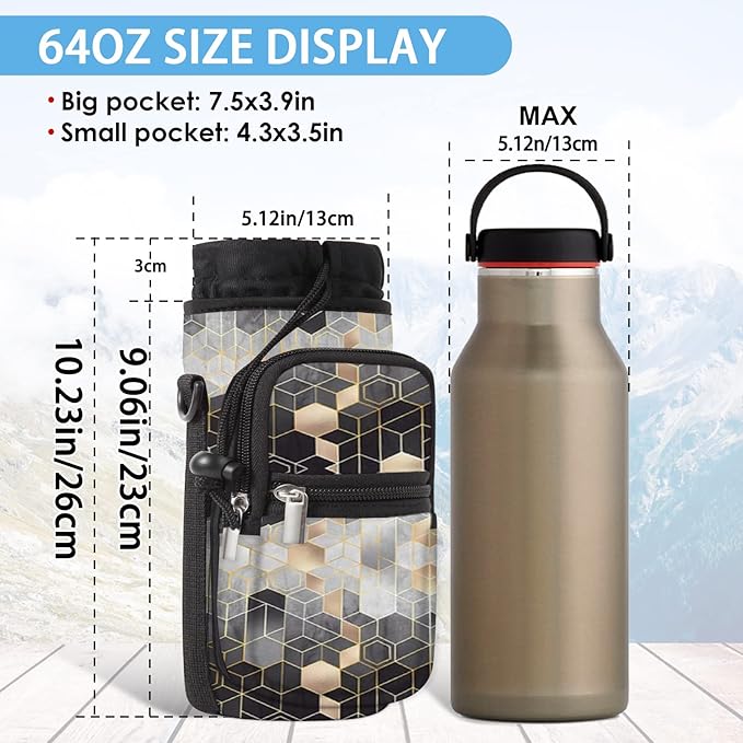 25/32/40/64oz Water Bottle Bag Holder Carrier-Insulated Crossbody Sling Case Sleeve with Strap & Pockets for Men Women Gym Cycling Travel Walking Hiking Camping