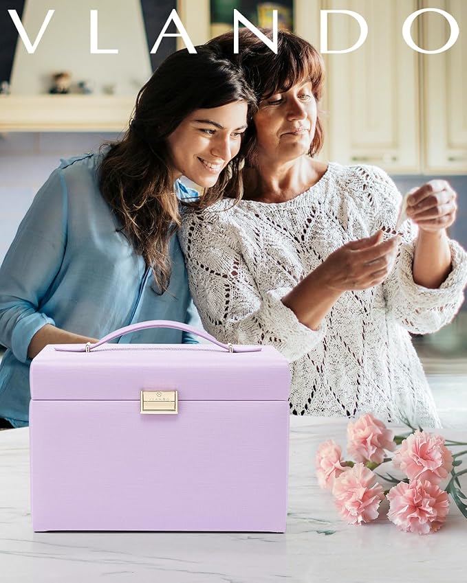 Vlando Jewelry Box Organizer for Girls Women, Large Baroque Jewelry Holder Organizer with Mirror, 3 Drawers for Bracelets, Earrings, Rings, Necklaces, Mothers Day Gifts for Loved One, Purple