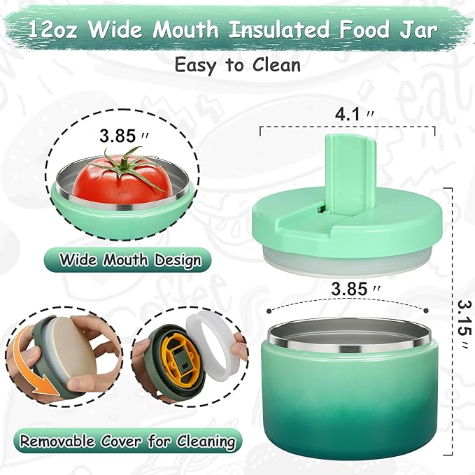 12oz Insulated Vacuum Food Jar with Buckle Lid Wide Mouth Soup Thermo for Hot Food Kids Leakproof Stainless Steel Lunch Container (Gradient Green, 12OZ)