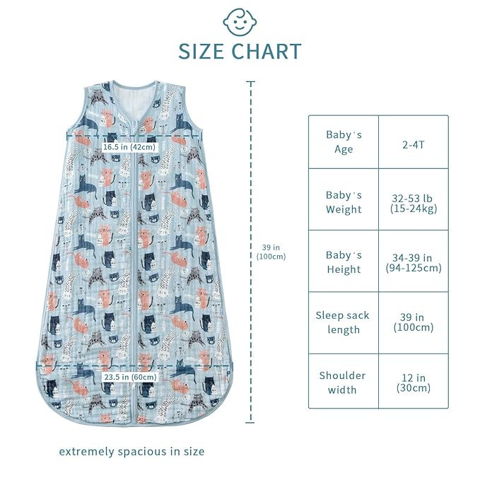 Baby Sleep Sack 2-4 T Baby Wearable Blanket 100% Organic Cotton 0.5 TOG Toddler Sleep Sacks 2- Way Zipper Soft 4 Layers 2T 3T 4T Kitten