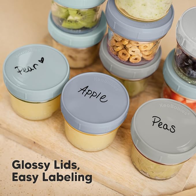 KeaBabies 6pk 4oz Glass Baby Food Containers with Lids - Leak-Proof, Microwavable Small Glass Jars, Baby Purees & Toddler Snack Storage Containers, BPA-Free, Dishwasher & Freezer Safe(Slate)