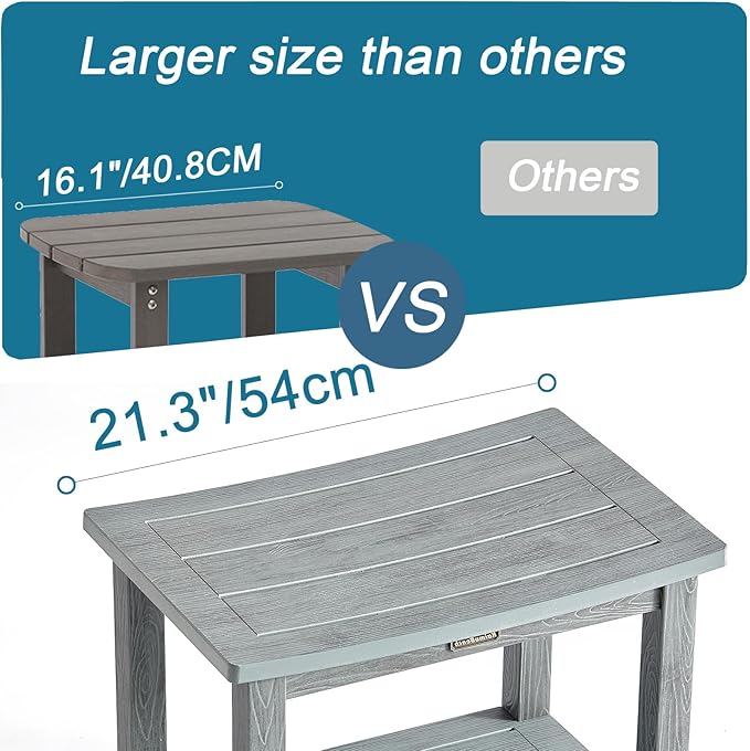 Heavy Duty Shower Bench for Inside Shower Waterproof, Large HDPS Bath Stool for Shaving Legs, Gray Poly Lumber Foot Stool, Plastic Bathroom Bench Seat with Storage Shelf, Outdoor/Indoor Use