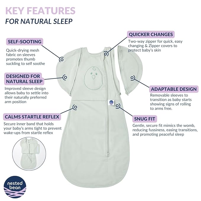 Nested Bean Air 6-in-1 Adaptable Baby Sleep Sack - Unweighted - Comfort & Safety for Natural Sleep, Preferred Arm Position Reduces Startle Reflex, Better for Baby, NB (7-13lbs) Sage