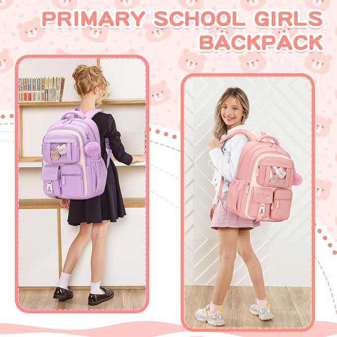 Kids Backpack for Girls School Bags for Middle School Students Book Bag for Elementary Primary Kawaii Ita Backpack, Pink and Beige