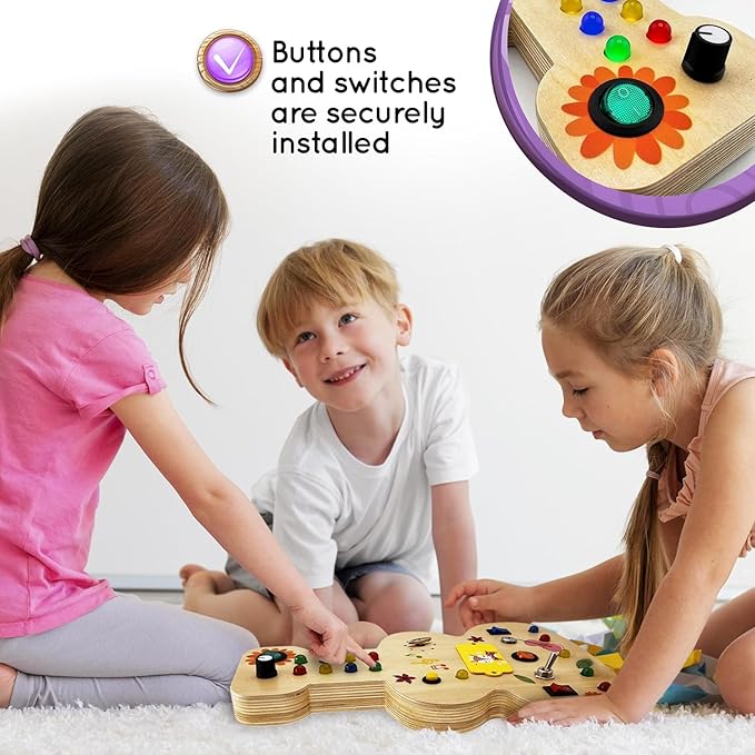 Wooden Montessori Musical Busy Board for Toddlers for 3-5 Year-Old with Mechanical Turner, Colorful Bulbs, Switches, Buttons - Enhance Sensory, Motor Skills