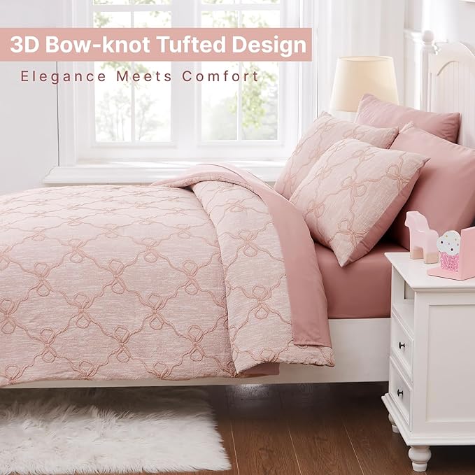 Queen Comforter Set with Sheets for Girls-7 Pieces Queen Bedding Sets with Pink Comforter, Sheets, Pillowcases & Shams for Kids (Pink Diamond, 90" X 90")