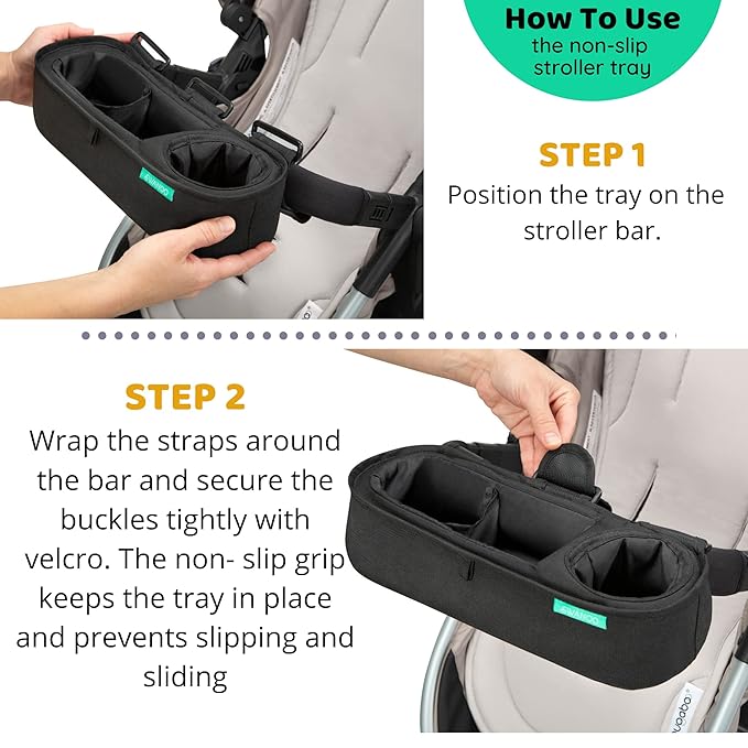 Universal Stroller Tray with Insulated Sippy Cup Holder - Upgraded Rigid Frame Stays Upright - Exclusive Non Slip Straps Firmly Grip Stroller Bar. Universal Stroller Snack Tray Attachment