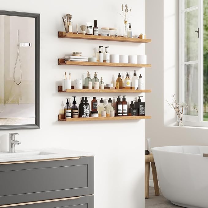 Fun Memories Picture Ledge Shelf, 36 Inch Floating Shelves for Wall, Nursery Bookshelf for Storage, Rustic Elm Wood Photo Ledge Shelves for Bedroom, Living Room, Kitchen (Natural, 36in Set of 2)