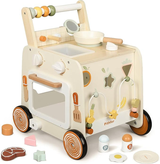 Wooden Baby Walker, 3-in-1 Baby Push Walker, with Pretend Kitchen, Montessori Sensory Activity Center, Push Walker Toys for Babies Learning to Walk, Sit-to-Stand