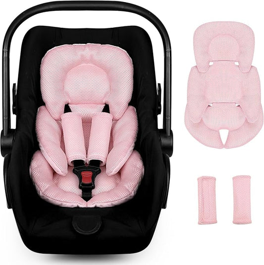 Infant Car Seat Insert for Newborn Girls Boys, Summer Mesh Baby Carseat Head Support with Strap Pads, Soft Reversible Baby Car Seat Insert Cushion Pad for Car Seat, Stroller, Bouncer, Swing, Pink