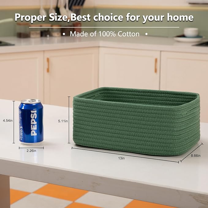 4 Pack Small Storage Shelf Baskets for Organizing, Mini Woven Rope Storage Bins for Towels, Cute Decorative Closet Organizer，Baby Nursery, Gift Empty Baskets -13''Lx8.66''Wx5.11''H-Green