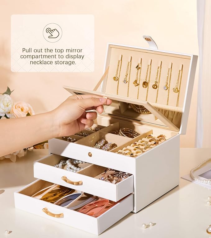 White Jewelry Box Organizer: Home Decor for Women - 2-Drawer Holder for Valentine’s Day Birthday Christmas White Grey-Purple