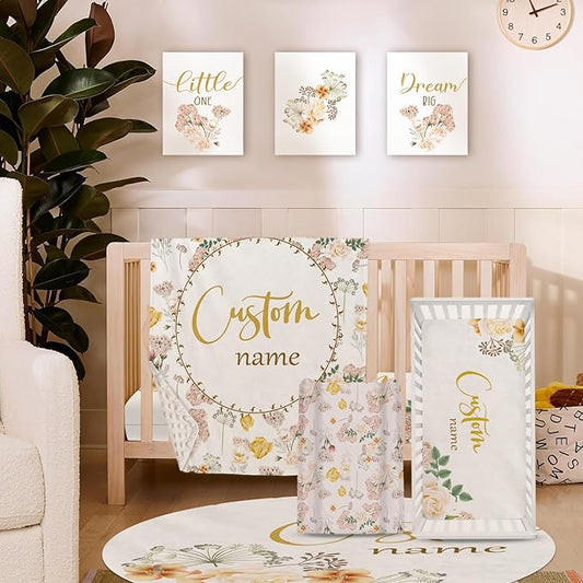 Personalized Baby Crib Bedding Set for Girls, Flower Design Custom Name Baby Crib Sets 5-Pcs, Toddler Double Layer Blanket Fitted Sheets Changing Pad Cover Rug Wall Art Set, Charming Nursery Decor