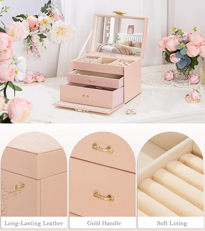 Jewelry Box with Lock for Girls: Jewelry Organizer for Dresser - 3-Drawer Earrings Storage Girls Women Gift (Peach Pink)
