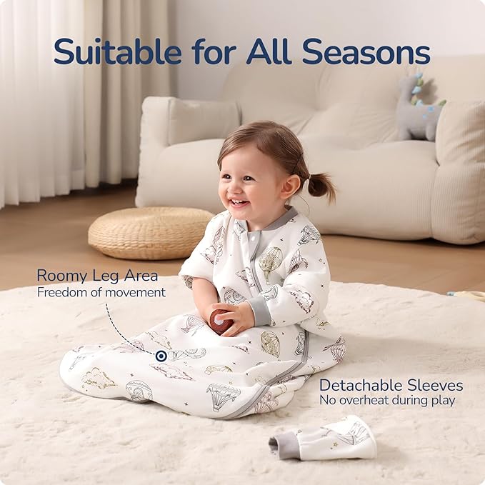 Baby Sleep Sack 6-12 Months, Cotton Detachable Long Sleeve Sleep Sack, 1.0 Tog Toddler Sleeping Sack with Temperature Strips, 2-Way Zipper Wearable Blankets for Newborns, Hot Air Balloon
