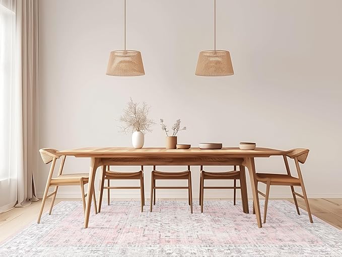 LIVEBOX Pink 5x7 Area Rug for Bedroom Girls, Boho Washable Rugs for Living Room Nursery, Non-Slip Indoor Soft Carpet Low-Pile Farmhouse Carpets for Dining Room Kids Playroom, Pink