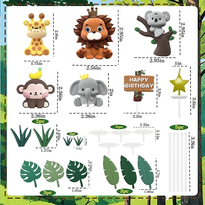 22PCS Safari Animal Cake Toppers & Wild One Birthday Decorations - Jungle Cake Topper with Leaves for Animal Themed Birthday Party Decorations, Safari Cake Decorations for Zoo Theme Cakes Accessories