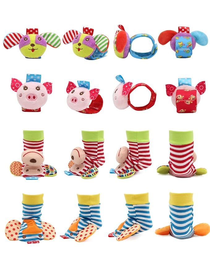 BLOOBLOOMAX Wrist Rattles Foot Finder Rattle Toy for 0-4 Months Baby, Feet Leg Ankle Socks Arm Hand Bracelet Shaker for 4-8 Months Infant boy & Girl, Gift Set for 0-1 Years Newborn Babies (5 pcs-B)