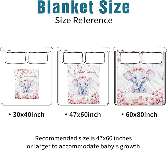 Custom Name Crib Bedding Set - Elephant Theme, Personalized Pink Flower Pattern Nursery Bedding 3-Piece Set– Soft Blanket, Fitted Sheet, Changing Pad Cover – for Newborns Girls Nursery Gifts